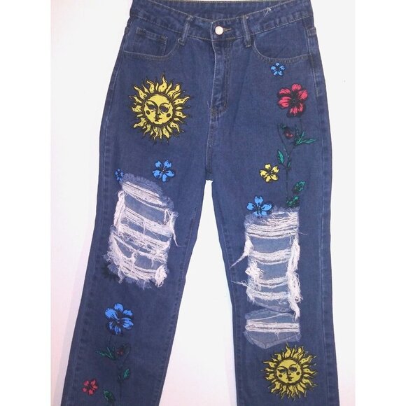 Women jeans straight leg SUNFLOWER PAINTED Sz M distressed floral high rise EUC - Picture 2 of 7